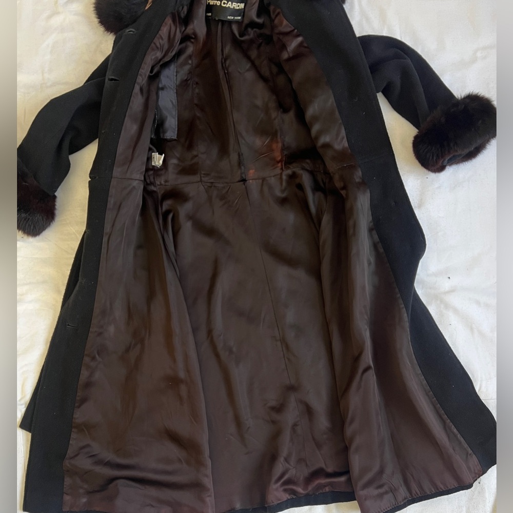 Pierre Cardin Vintage 70s Fox Fur Wool Melton Fit Flare Belted Luxe Winter Coat - Picture 7 of 15